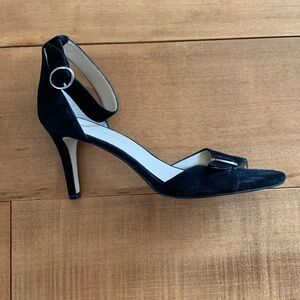 Audrey Brooke Black Suede Ankle-Strap Open-Toe Heels